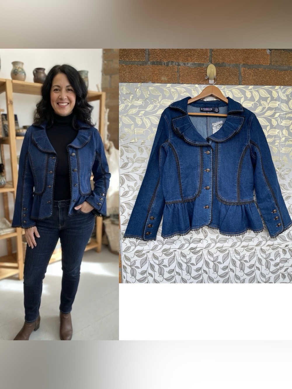 The Pyramid Collection Vintage Style Denim Peplum Jacket XL Lace Trim Blue